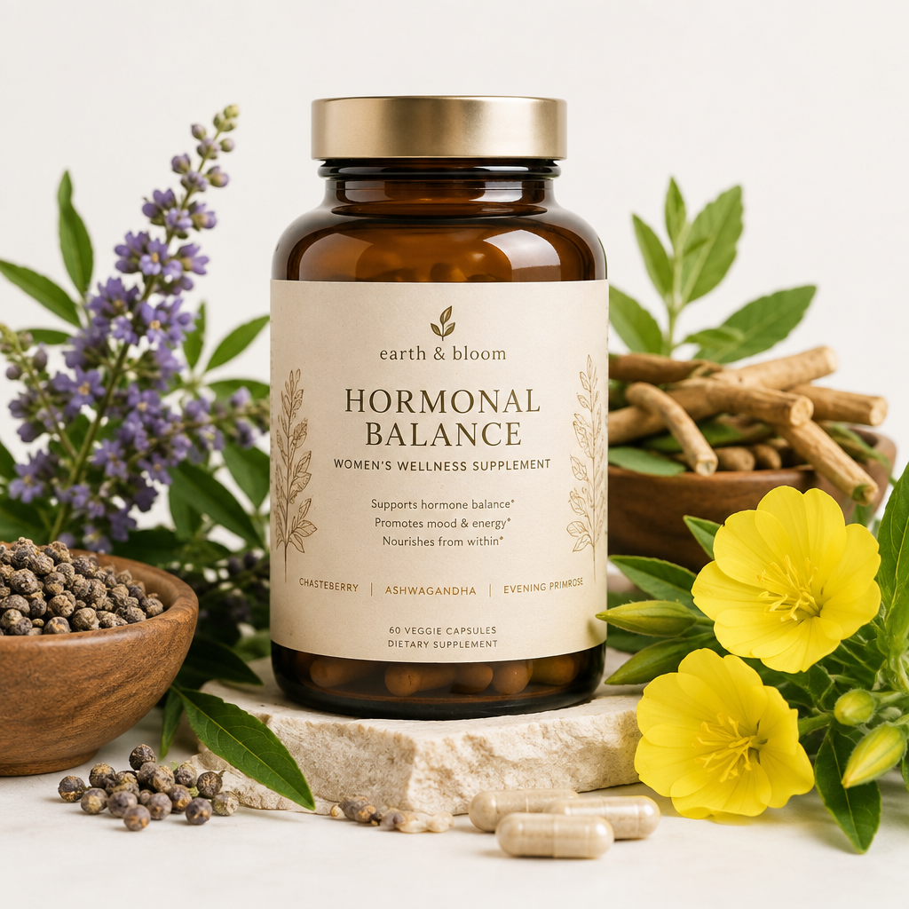 Women's Hormonal Balance Supplement bottle with botanicals