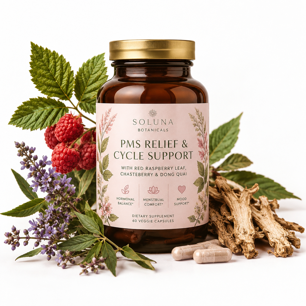 PMS Relief and Cycle Support supplement bottle with botanicals