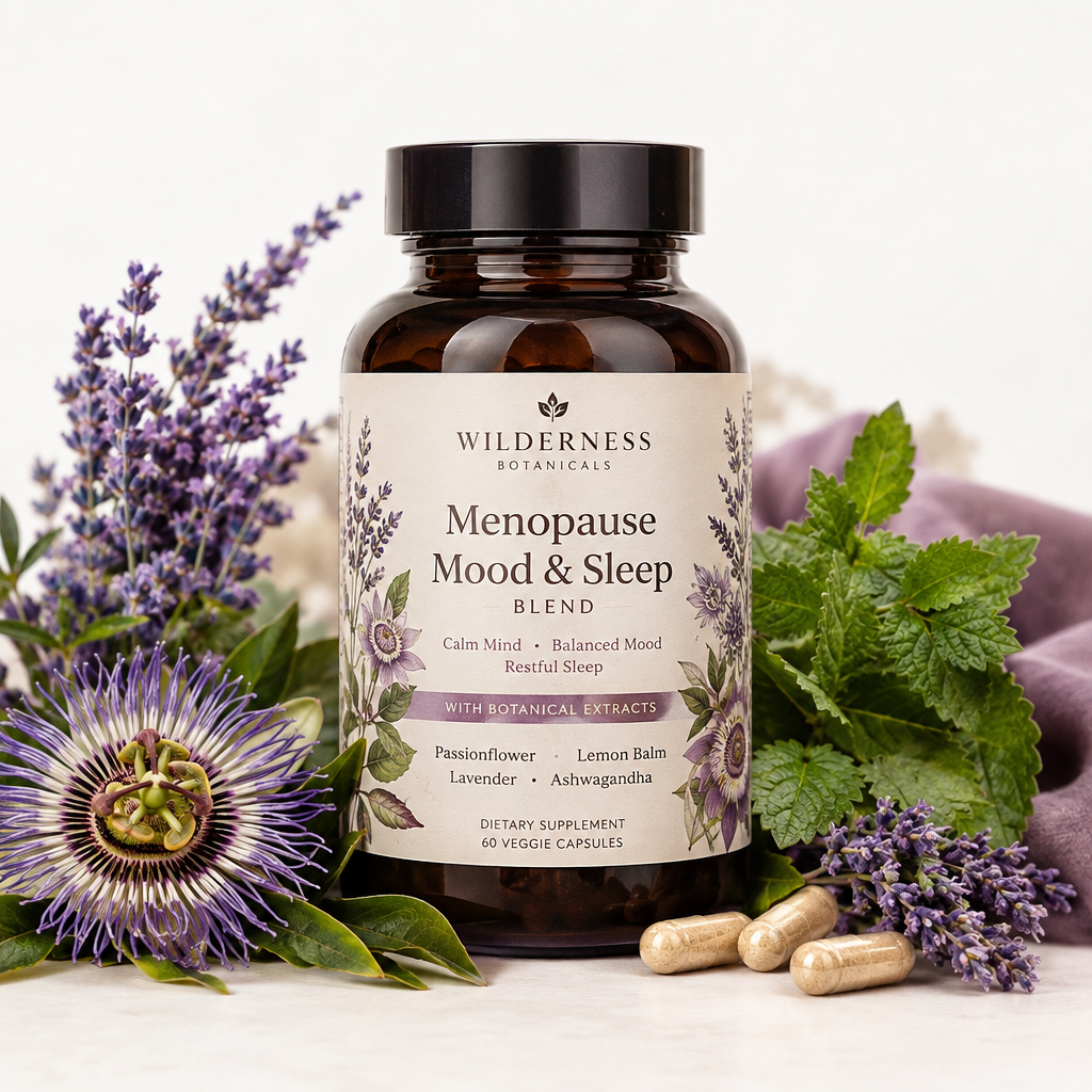 Menopause Mood and Sleep Blend supplement bottle with botanicals