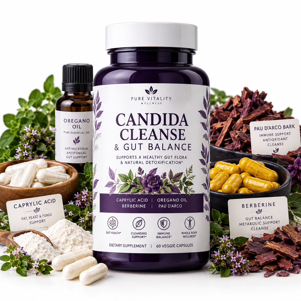 Candida Cleanse and Gut Balance supplement bottle with antifungal botanicals