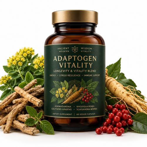 Adaptogen Longevity and Vitality Blend supplement bottle with adaptogenic herbs