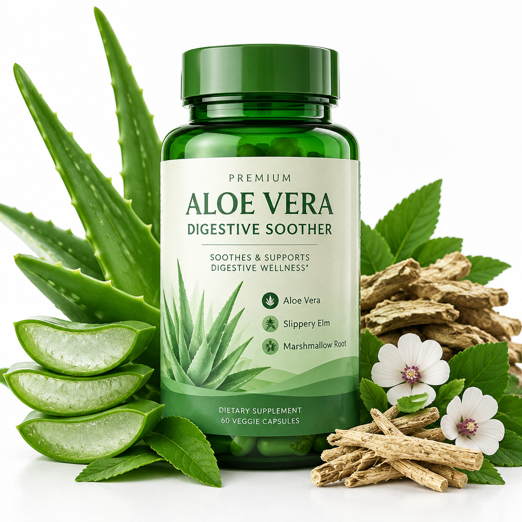 Aloe Vera Digestive Soother supplement bottle with aloe plant
