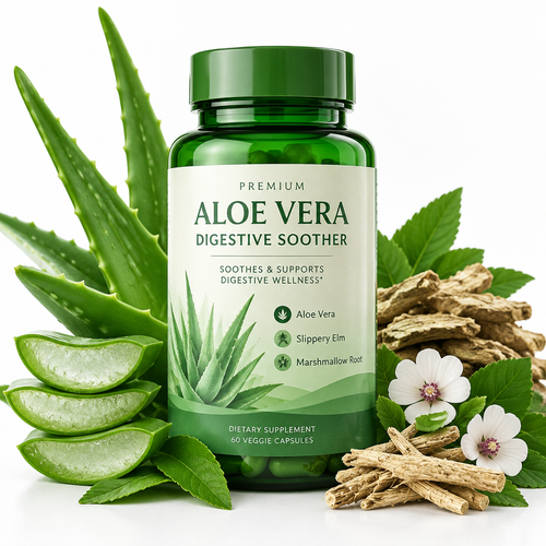 Aloe Vera Digestive Soother supplement bottle with aloe plant