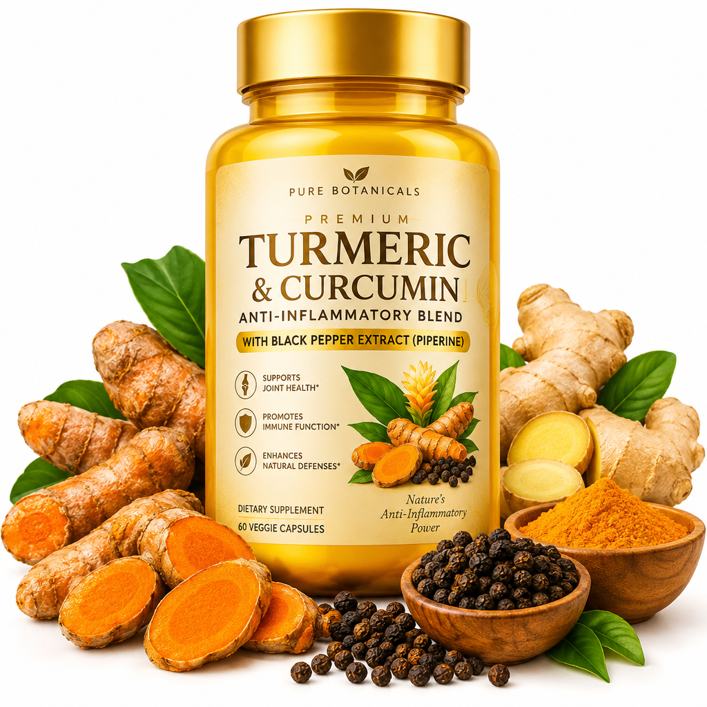 Turmeric and Curcumin Anti-Inflammatory Blend supplement bottle with turmeric root