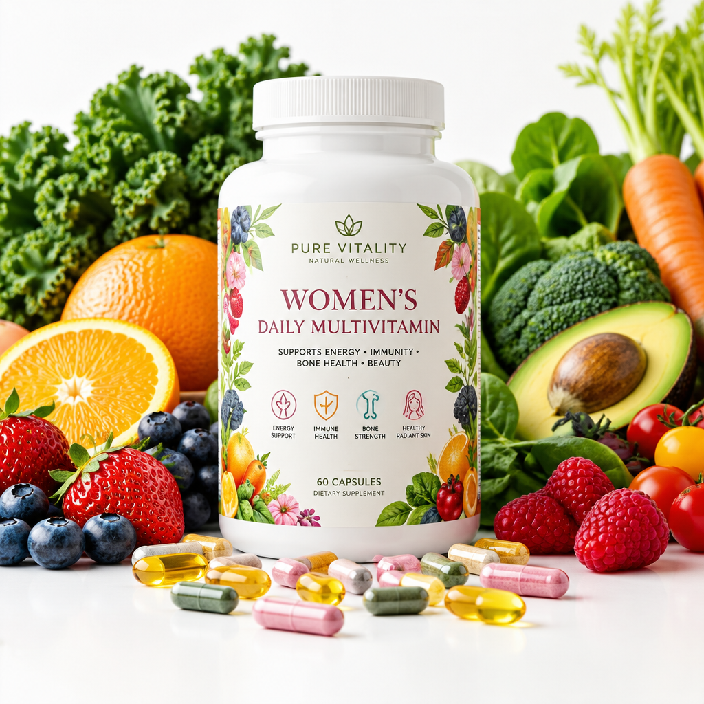 Women's Daily Multivitamin bottle with fruits and vegetables