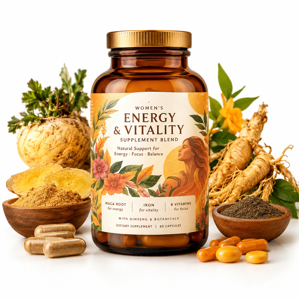 Women's Energy and Vitality Blend supplement bottle with botanicals