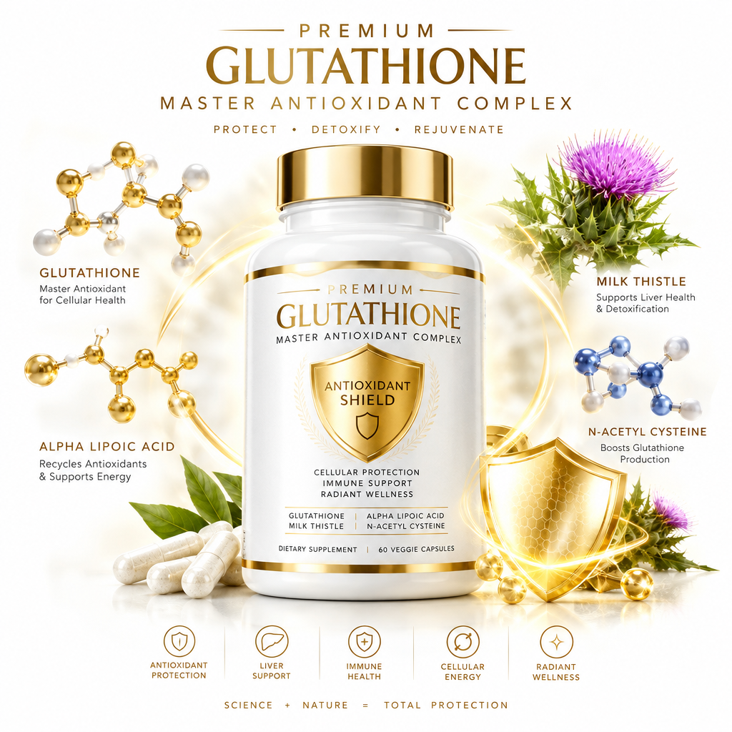 Glutathione and Master Antioxidant Complex supplement bottle
