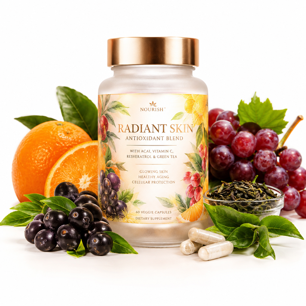 Radiant Skin Antioxidant Blend supplement bottle with berries and botanicals