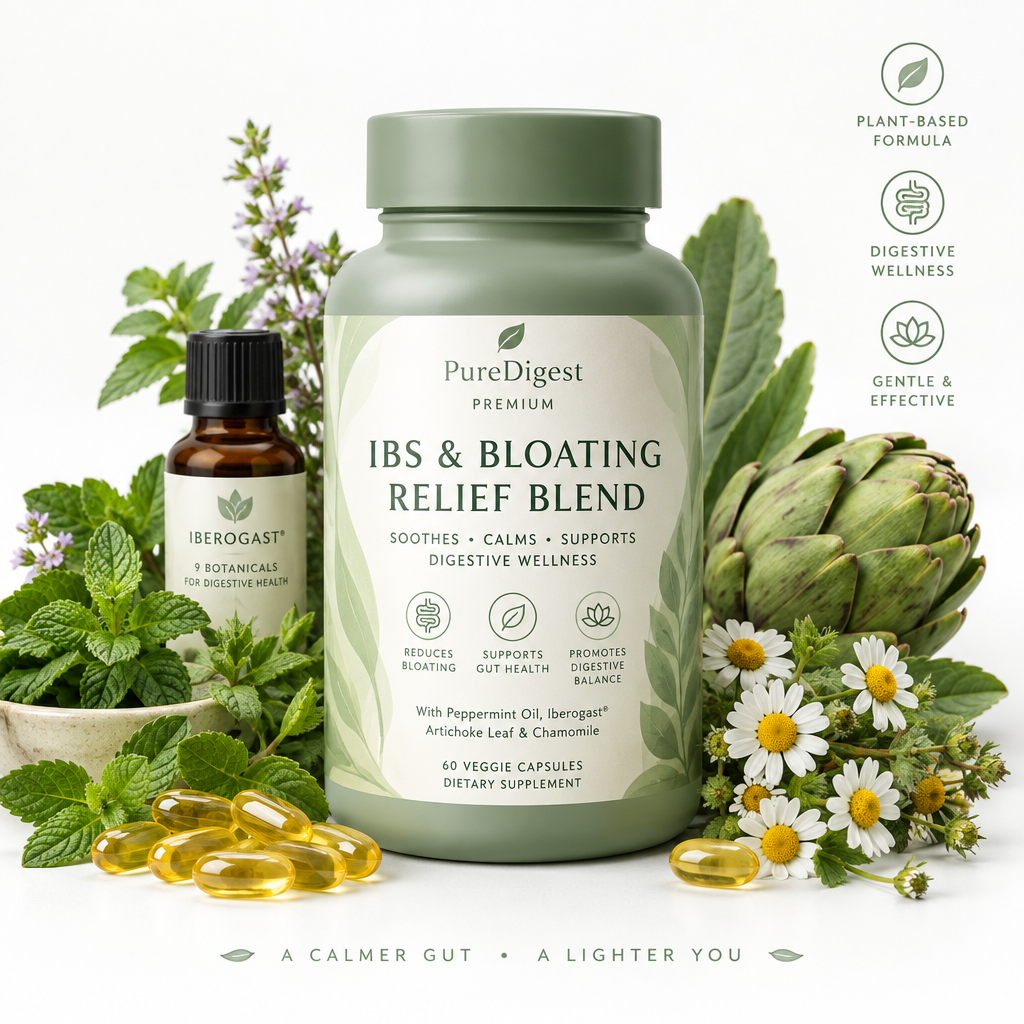 IBS and Bloating Relief Blend supplement bottle with peppermint and botanicals